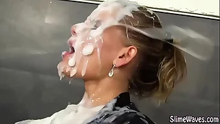 Bukkake cosset gets messy