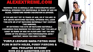 Purple leopard Maria Fisting socking plug in both holes&comma; pussy piercing & anal prolapse extreme